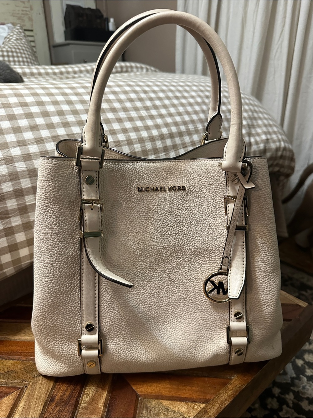 Michael Kors Cream Pebbled Leather Satchel with Logo Charm